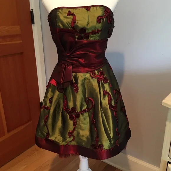 Vintage Jessica McClintock Strapless Olive & Burgundy Party Dress, size 2 - Picture 5 of 13